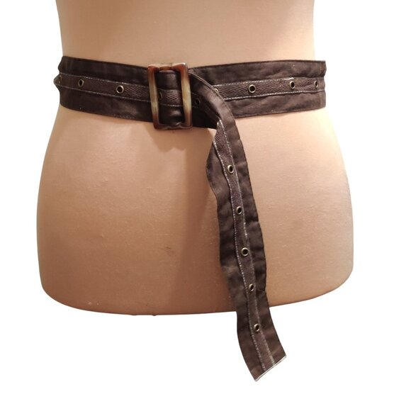 Womens Brown Eyelet Belt Marbled Buckle Y2K Grunge Bohocore Indie Boho Statement - Picture 3 of 6